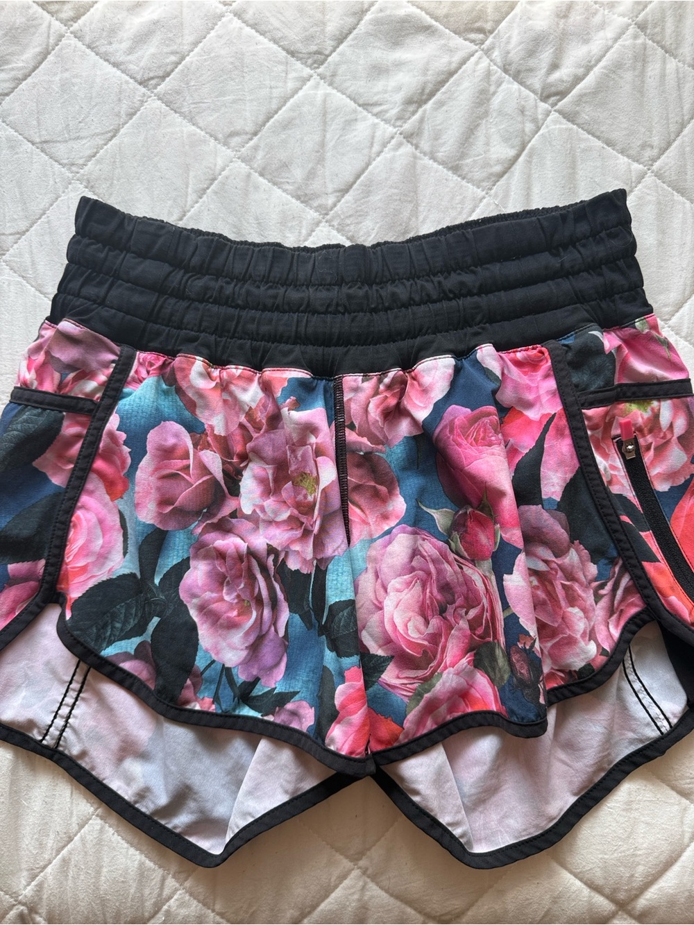 lululemon athletica Pink Rose Floral Athletic Shorts with Black Waistband